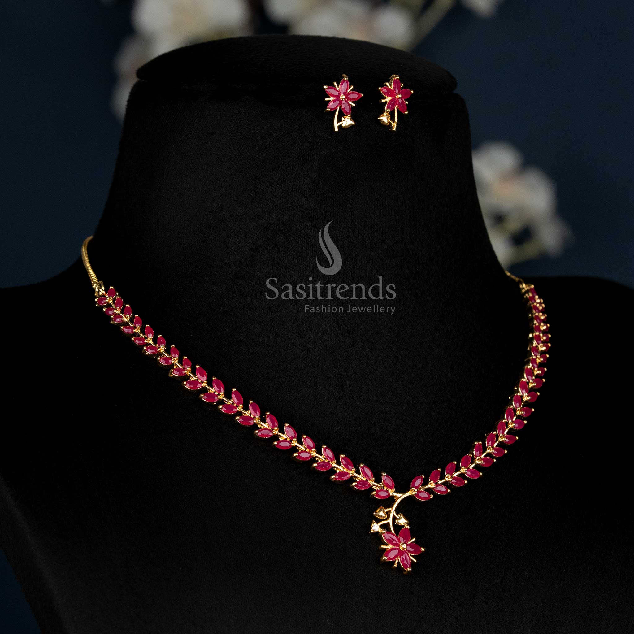 Royal Ruby American Diamond Leaf Design Necklace With Micro Gold Plating, Elegance Inspired By Vintage Heirlooms For Grand Bridal Ensembles – Sasitrends
