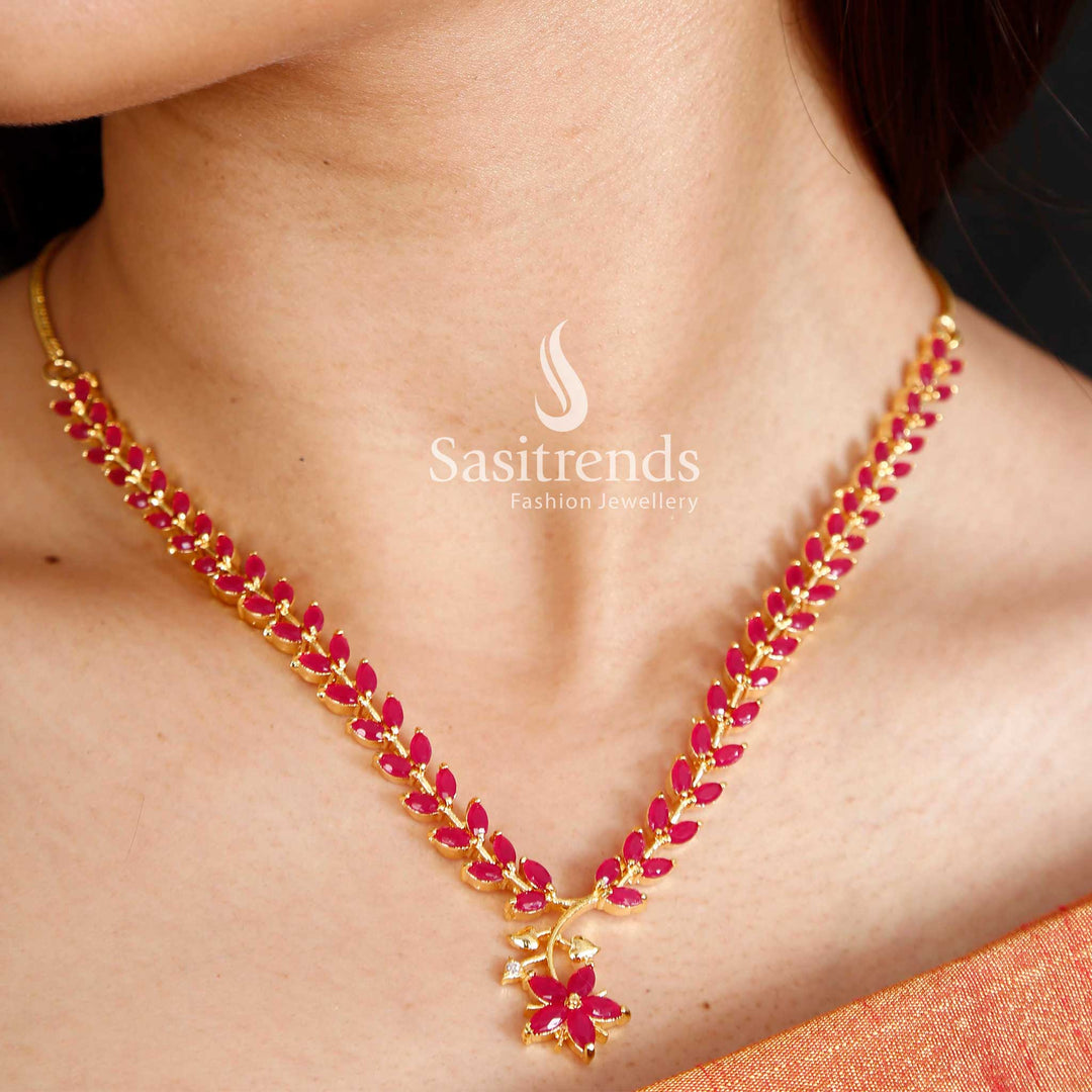 Grand American Diamond Leaf Design Ruby Necklace Set With Micro Gold Plating, Model View Featuring Opulent Jewellery For Festive Luxury – Sasitrends