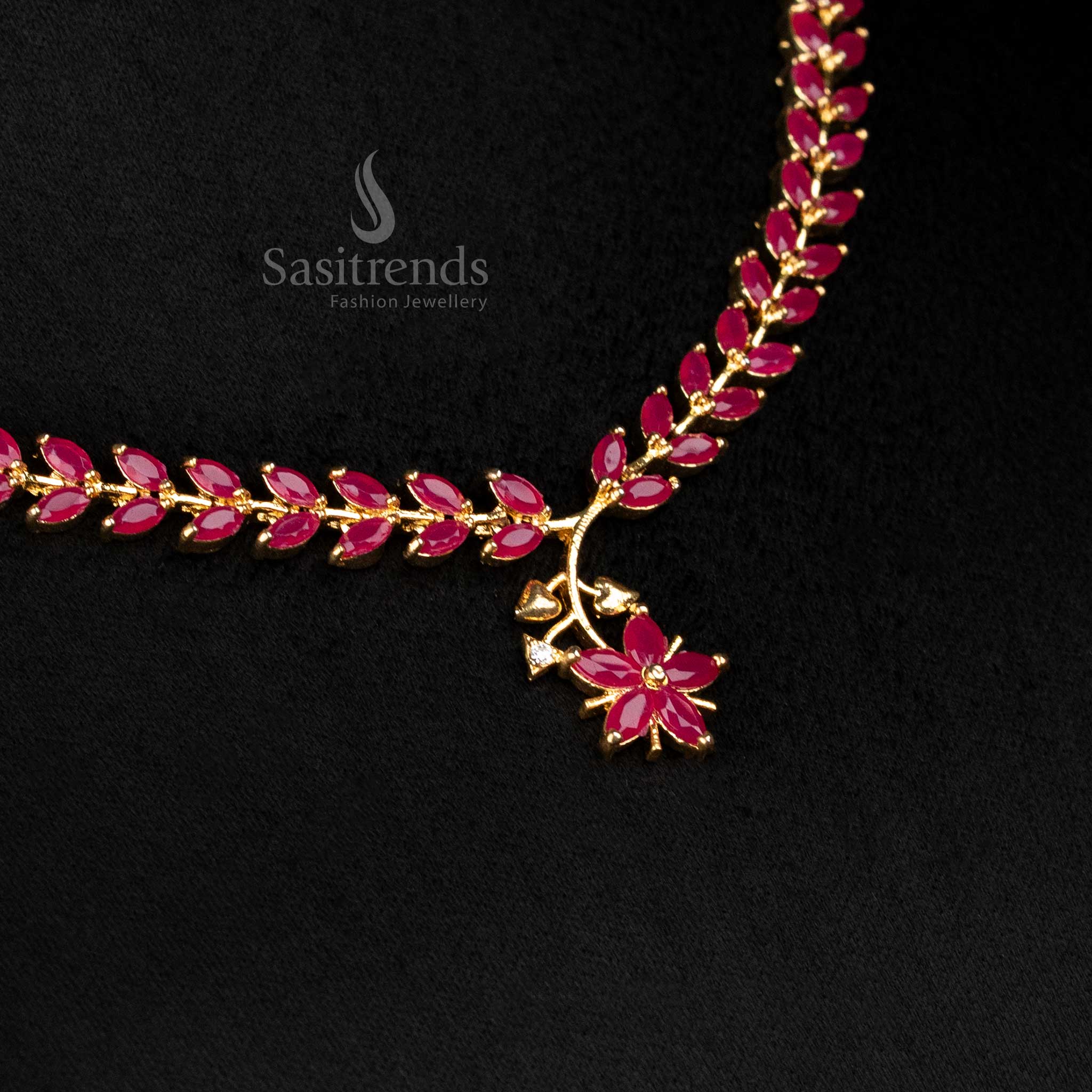 Crimson Ruby American Diamond Leaf Necklace With Micro Gold Plating, Regal Craftsmanship Reflecting True Wedding Luxury For Women – Sasitrends