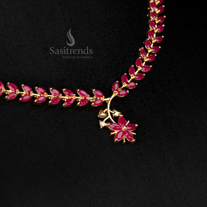 Crimson Ruby American Diamond Leaf Necklace With Micro Gold Plating, Regal Craftsmanship Reflecting True Wedding Luxury For Women – Sasitrends