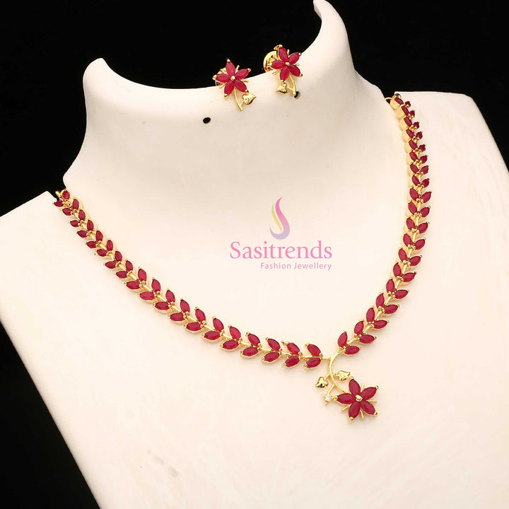 Ruby American Diamond Leaf Design Necklace Set With Micro Gold Plating For Special Events, Regal Traditional Jewellery Designed For Brides And Festive Elegance – Sasitrends