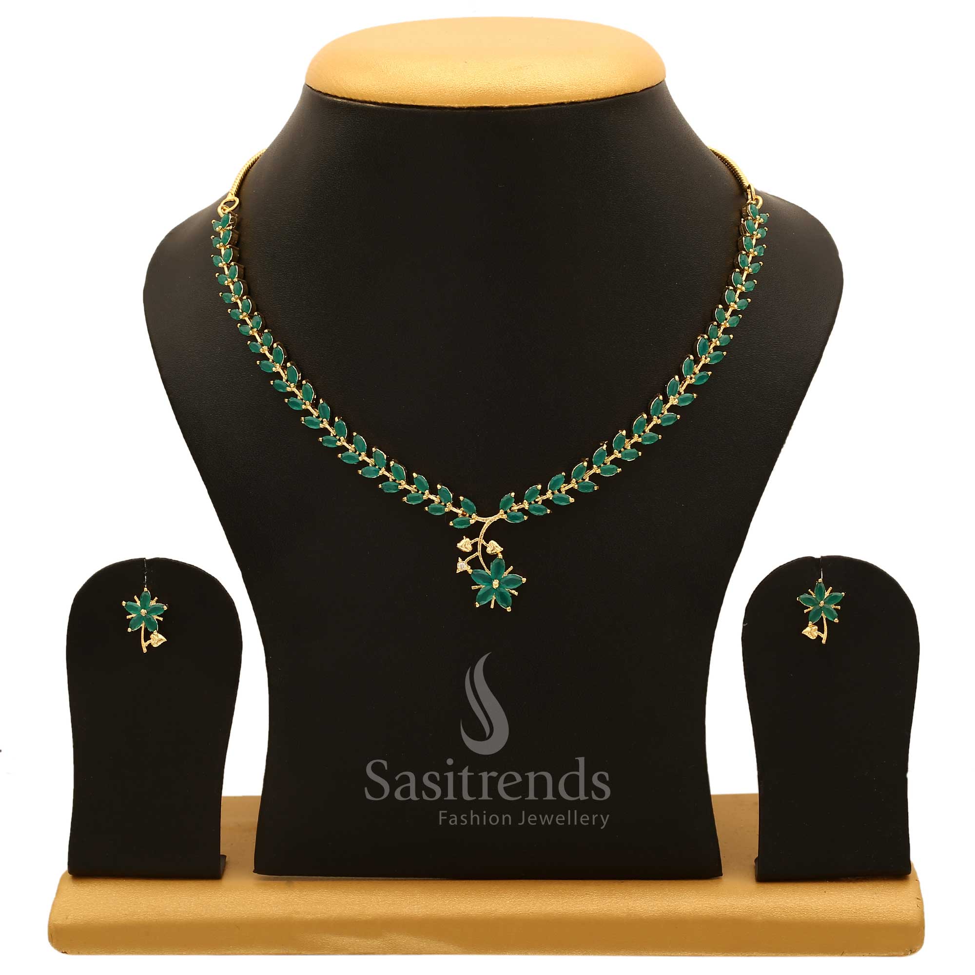 Regal green stone CZ zircon American diamond jewellery set for women with a royal rhodium finish – an ideal fusion piece for vibrant ethnic elegance – Sasitrends