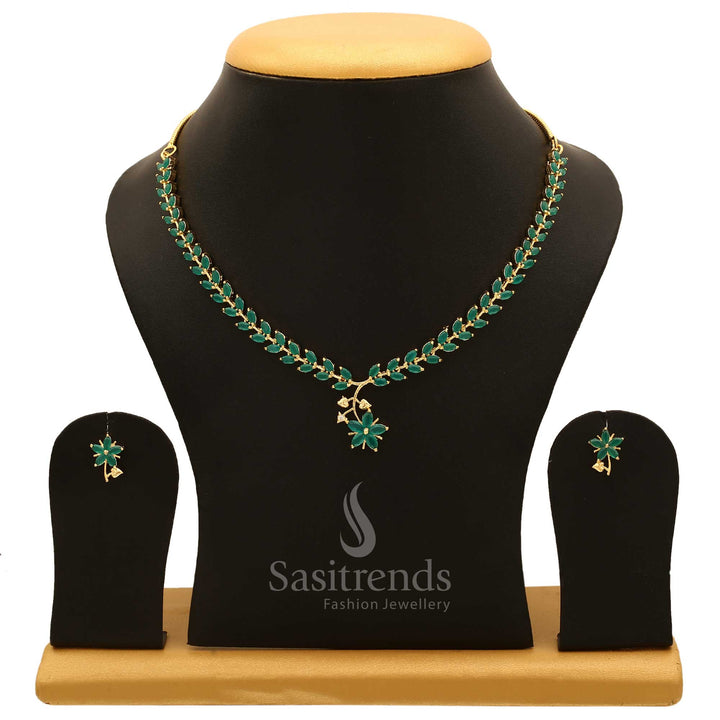 Regal green stone CZ zircon American diamond jewellery set for women with a royal rhodium finish – an ideal fusion piece for vibrant ethnic elegance – Sasitrends
