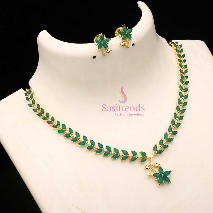 Green American Diamond Leaf Design Necklace Set With Micro Gold Plating For Special Events, Majestic Festive Jewellery Designed For Cultural Grandeur – Sasitrends