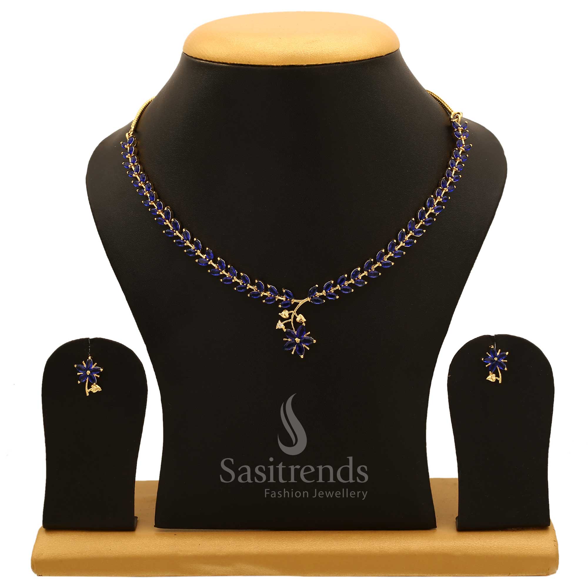 Majestic Blue CZ zircon American diamond jewellery set for women, featuring a rich rhodium finish and crafted for festive grace and traditional glow – Sasitrends