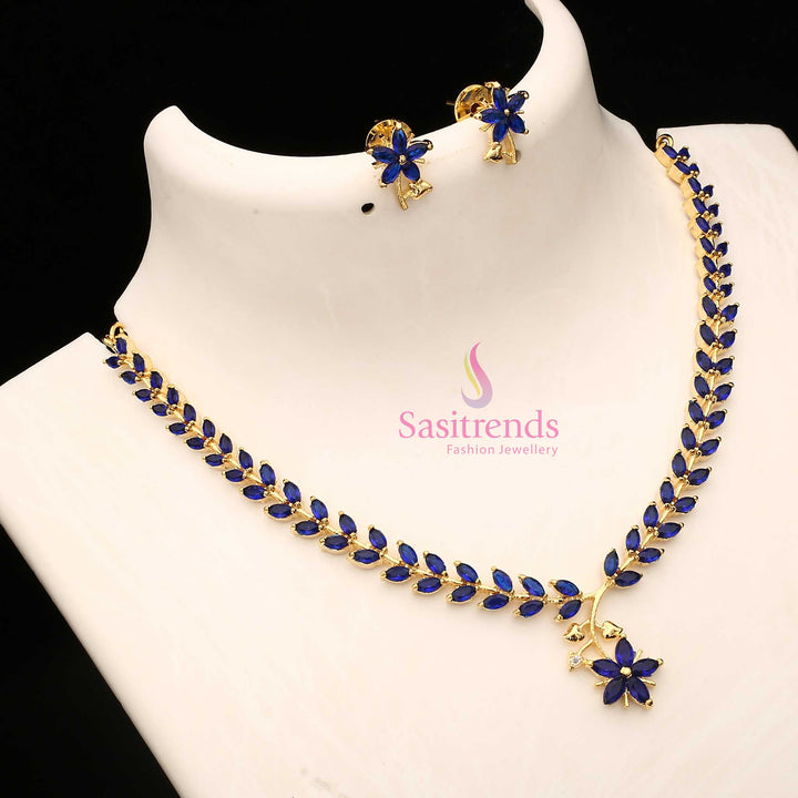 Blue American Diamond Leaf Design Necklace Set With Micro Gold Plating For Special Events, Elegant Ceremonial Jewellery Perfect For Women’s Ethnic Style – Sasitrends