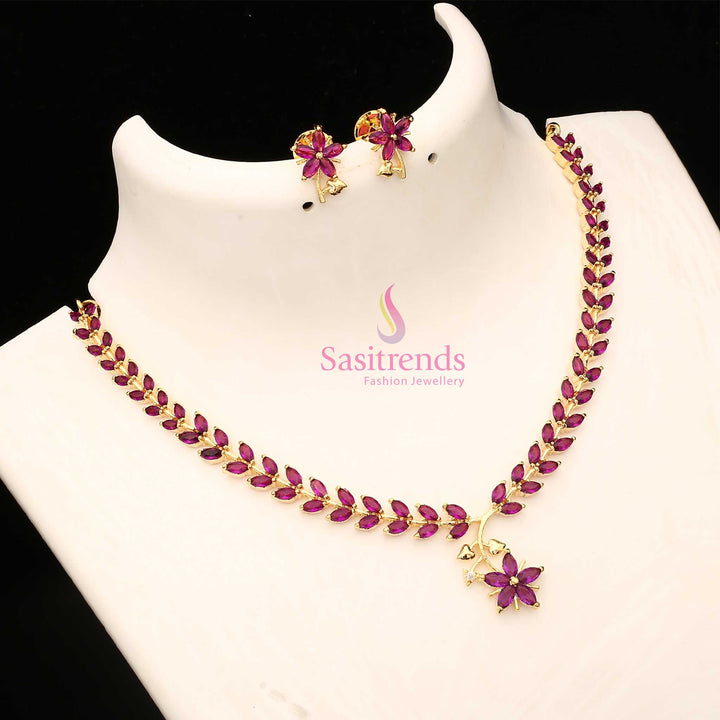 Purple American Diamond Leaf Design Necklace Set With Micro Gold Plating For Special Events, Artisan Traditional Jewellery Perfect For Cultural Celebrations – Sasitrends