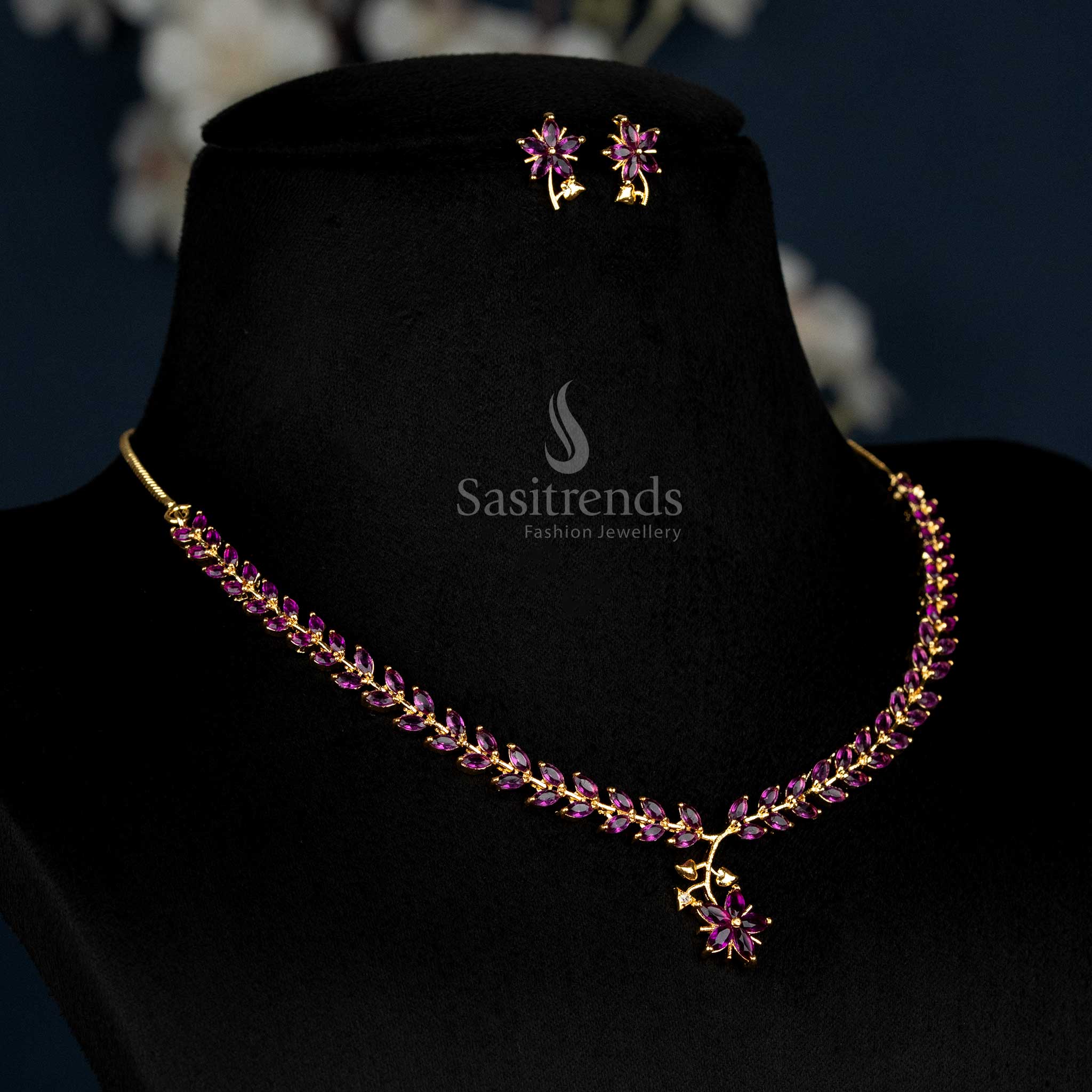 Purple American Diamond Leaf Design Necklace With Micro Gold Plating, An Artistic Creation Designed For Festivals And Heritage Looks – Sasitrends
