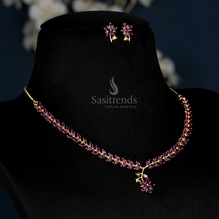 Purple American Diamond Leaf Design Necklace With Micro Gold Plating, An Artistic Creation Designed For Festivals And Heritage Looks – Sasitrends