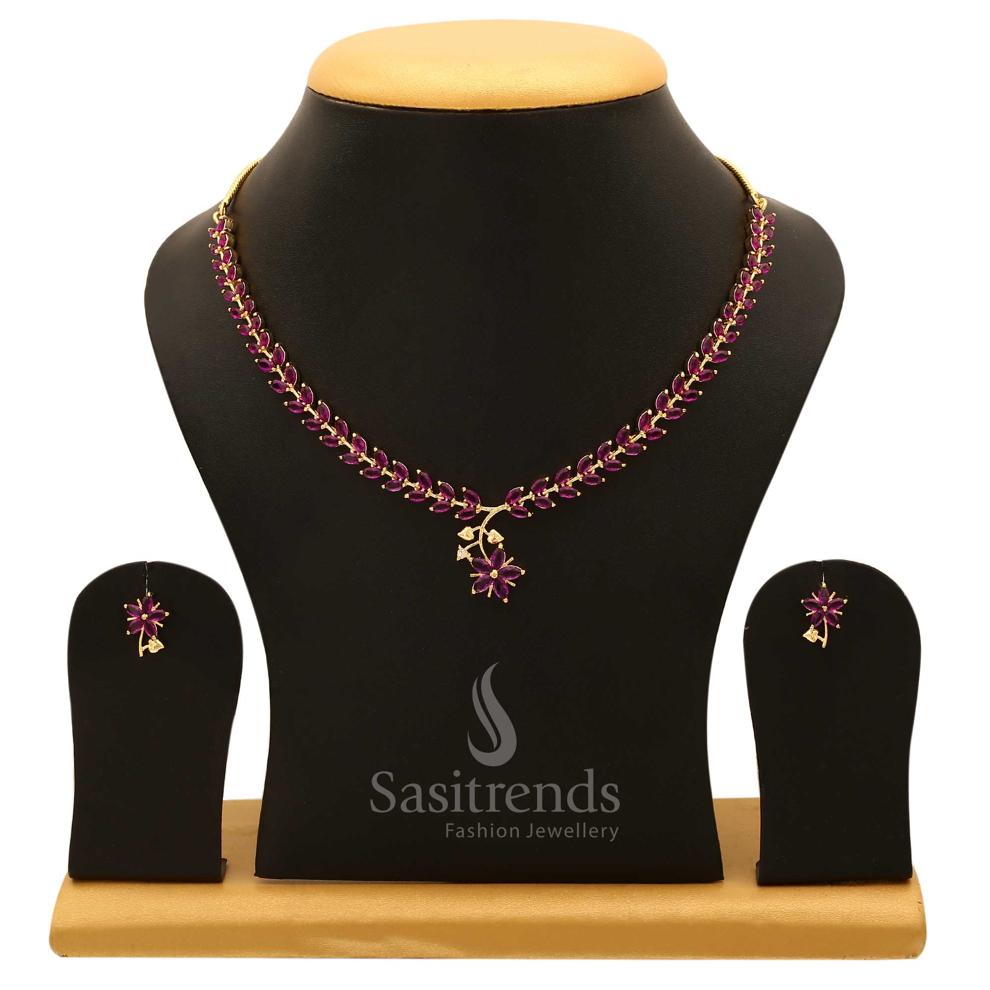 Unique purple American diamond jewellery set with dazzling CZ zircon stones and rhodium plating – a fashionable choice for evening elegance – Sasitrends