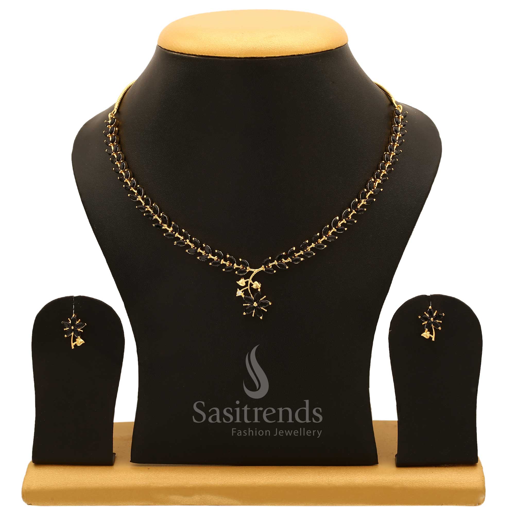 Stylish black stone zircon American diamond jewellery set in shimmering rhodium finish – bold and elegant for modern party looks – Sasitrends