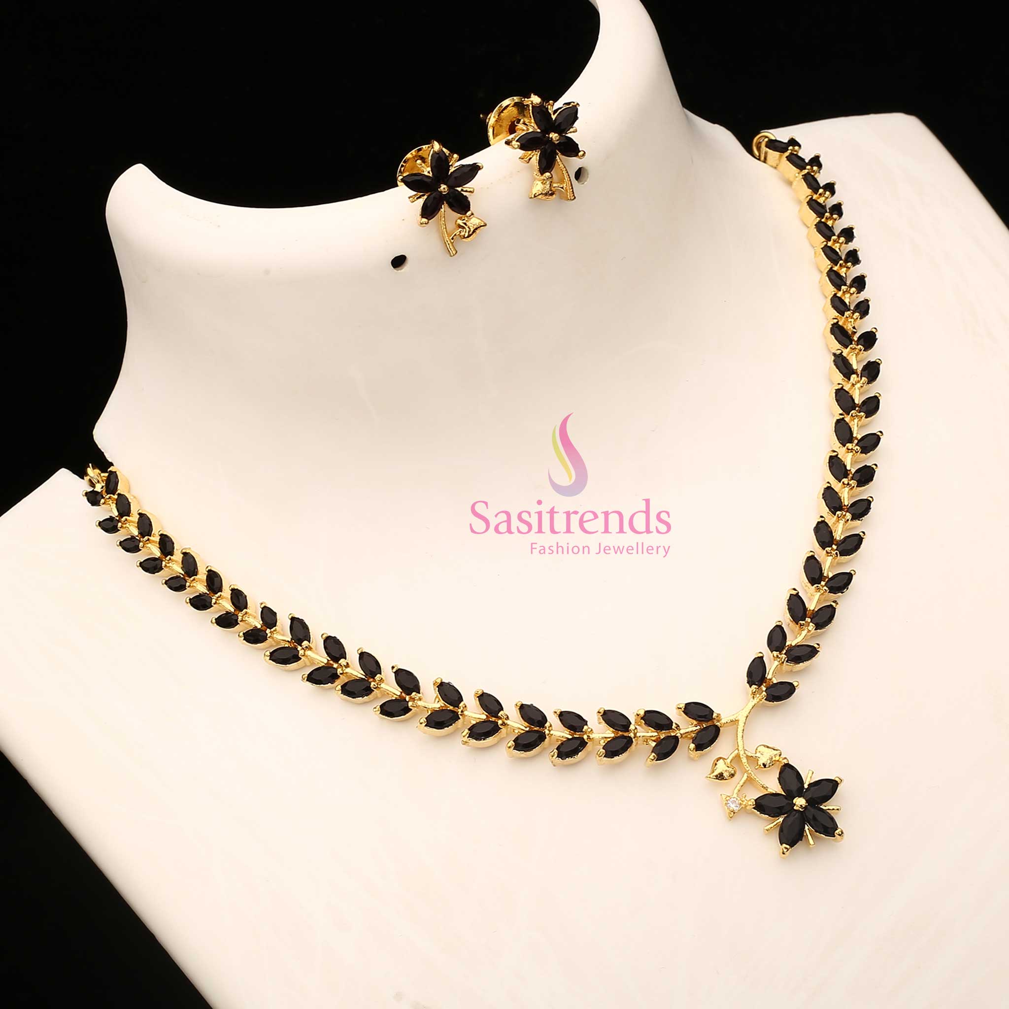 Black American Diamond Leaf Design Necklace Set With Micro Gold Plating For Special Events, Opulent Fusion Jewellery Crafted For Women’s Evening Style – Sasitrends