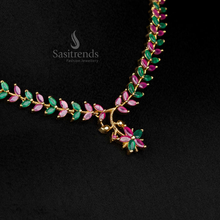 Imperial Ruby-Green American Diamond Leaf Necklace With Micro Gold Plating, Majestic Traditional Jewellery Radiating Festive Brilliance – Sasitrends