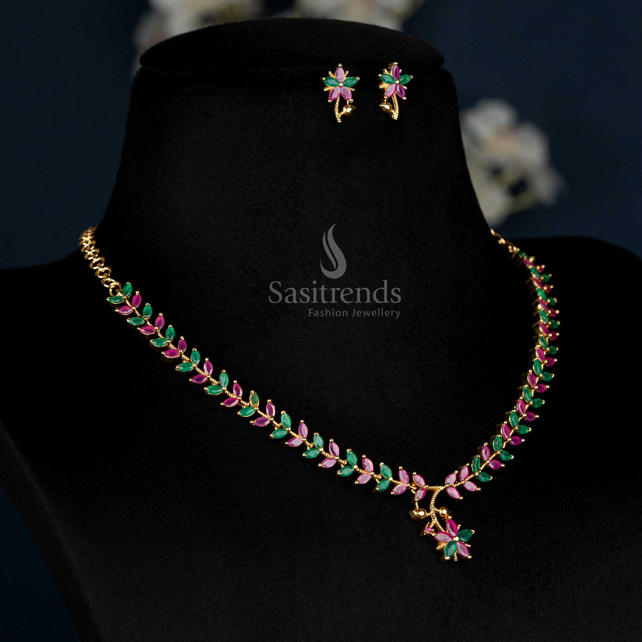 Heritage Ruby-Green American Diamond Leaf Design Necklace With Micro Gold Plating, An Opulent Statement Crafted For Celebrations And Ethnic Grandeur – Sasitrends