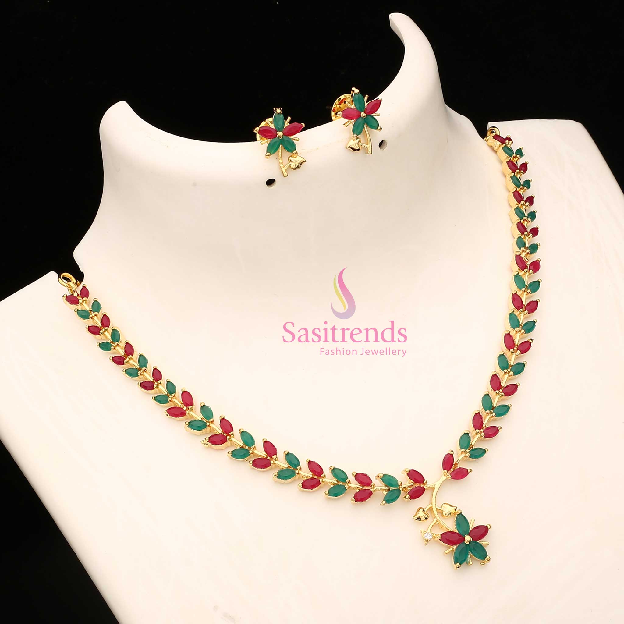 Heritage Ruby-Green American Diamond Leaf Design Necklace Set With Micro Gold Plating, Traditional Grand Jewellery Created For Women’s Cultural Brilliance – Sasitrends