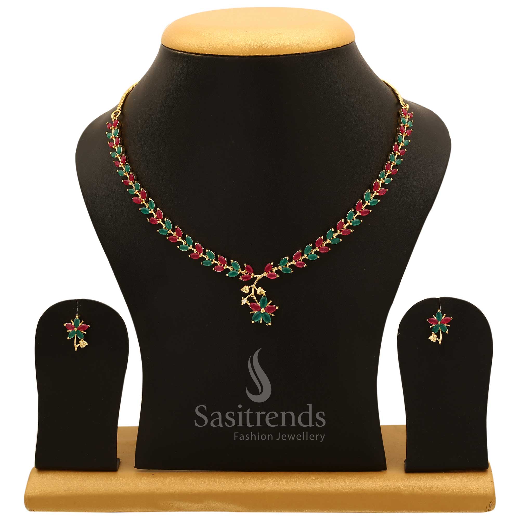 Traditional ruby-green American diamond jewellery set with sparkling zircon shimmer and cultural flair – a must-have piece for heritage-inspired styling – Sasitrends