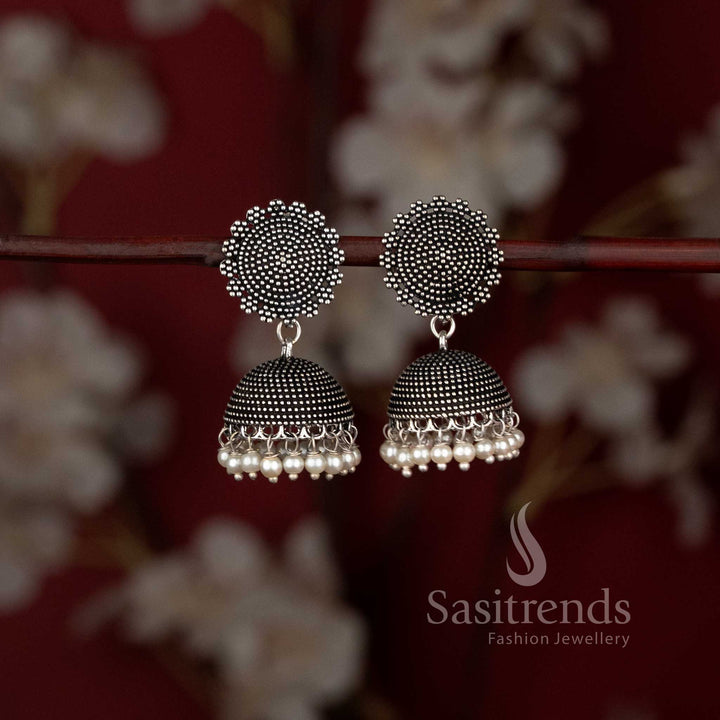 Sleek Oxidised Silver Round Jhumka Earrings With Artful Beads And A Satin-Polished Finish, Exuding Urban Chic With A Sculpted Touch – Sasitrends