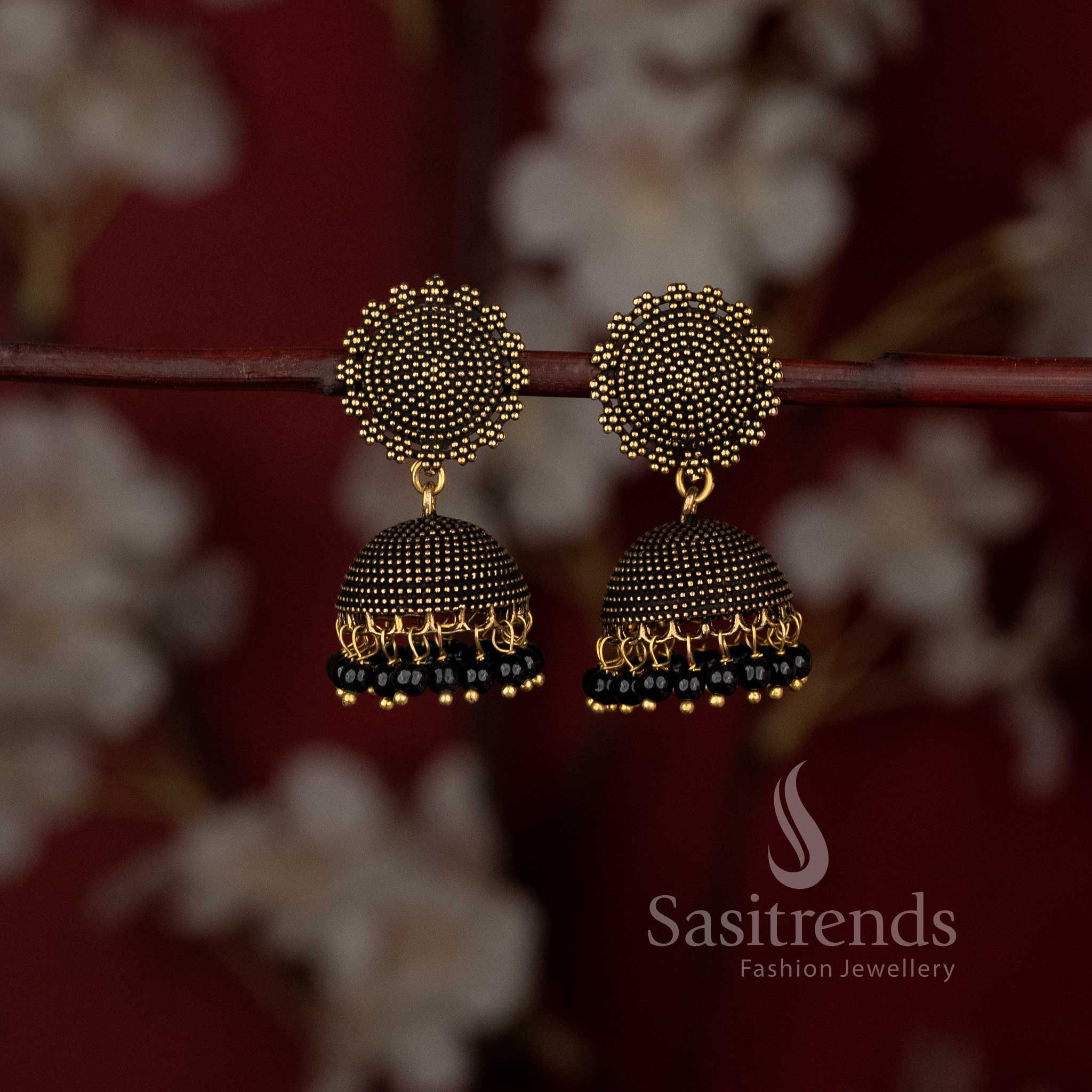 Sleek Oxidised Silver Round Jhumka Earrings With Artful Beads And A Satin-Polished Finish, Exuding Urban Chic With A Sculpted Touch – Sasitrends