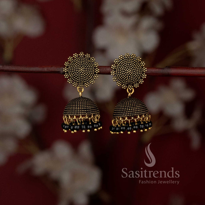 Sleek Oxidised Silver Round Jhumka Earrings With Artful Beads And A Satin-Polished Finish, Exuding Urban Chic With A Sculpted Touch – Sasitrends