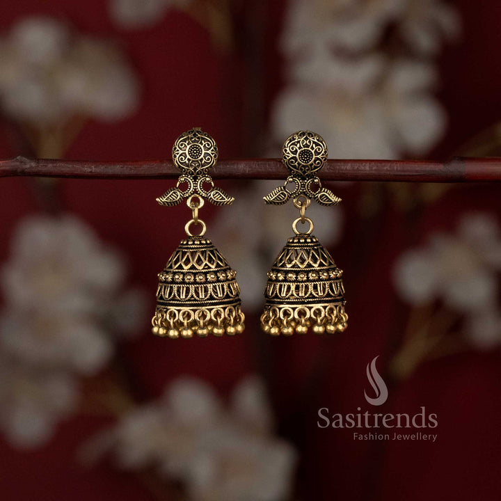 Oxidised Silver Floral Stud Leaf Motif Jhumka Earrings for women - Sasitrends