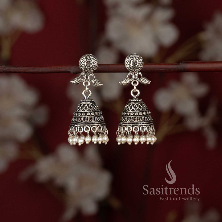 Traditional tribal style oxidised silver leaf jhumka earrings with ghungroos - Sasitrends