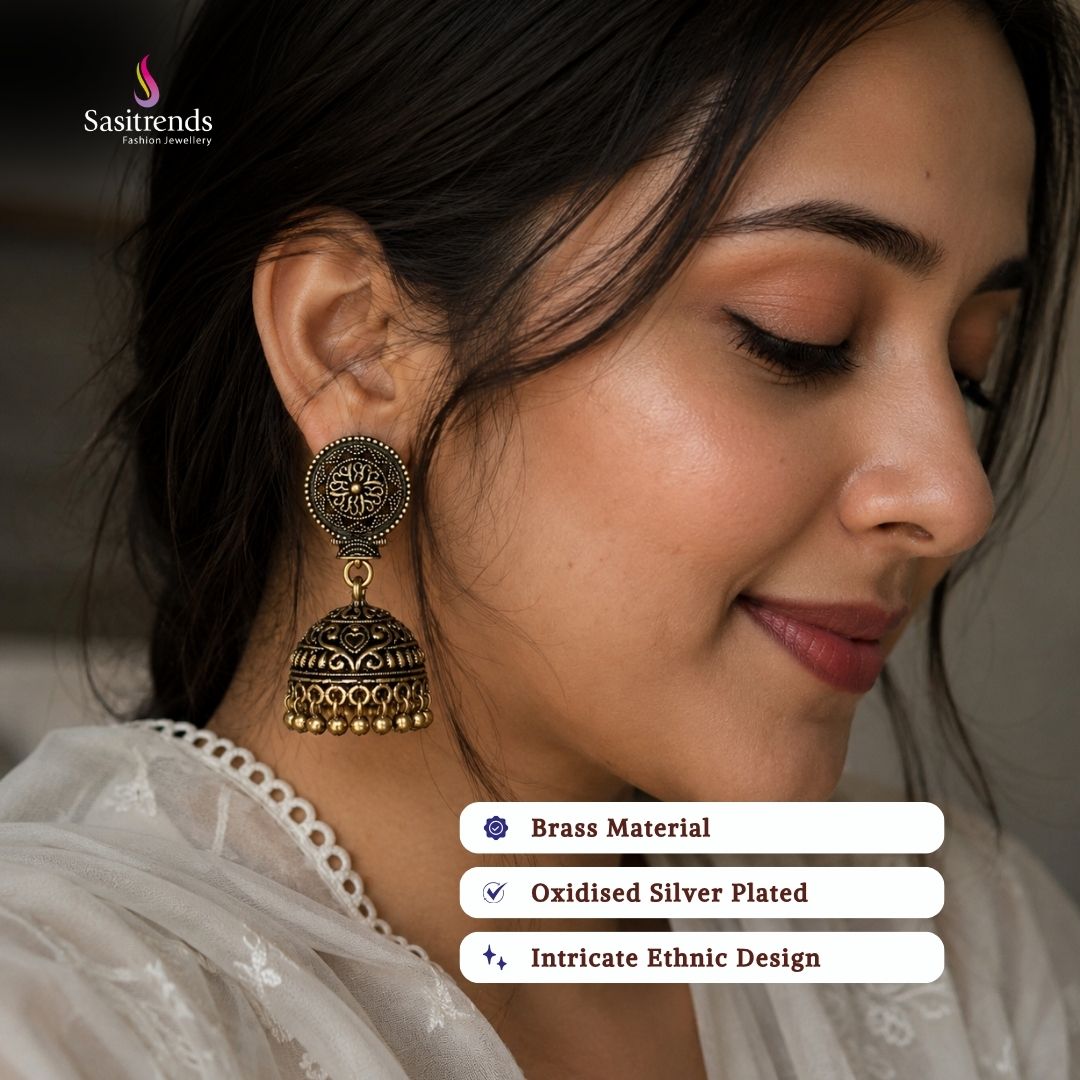Oxidised silver plated earrings model image - Sasitrends