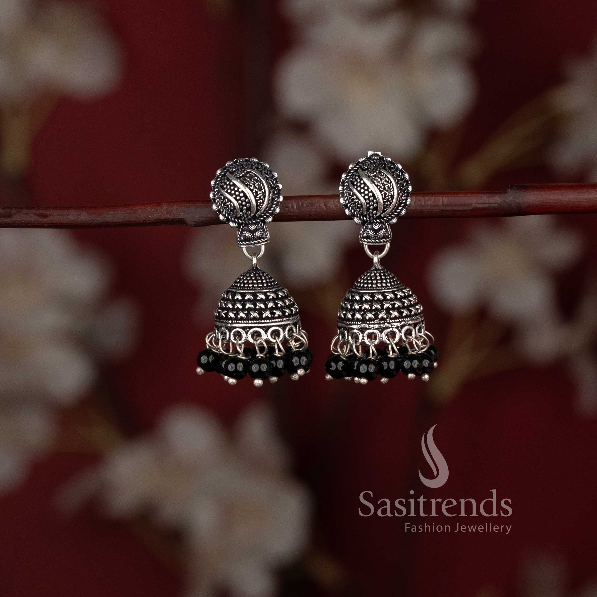 Traditional tribal style oxidised lotus stud jhumka earrings with ghungroo drops - Sasitrends