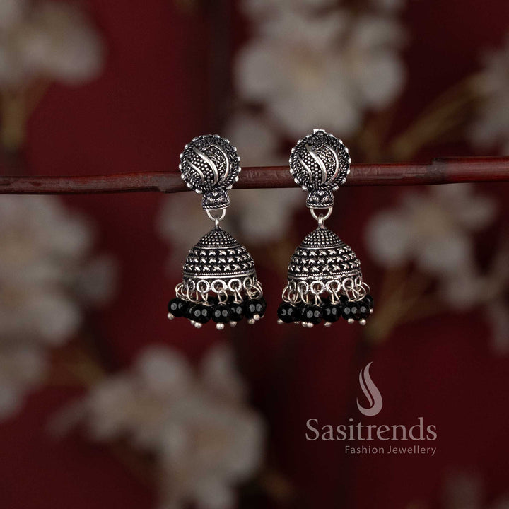 Antique Gold and Oxidised Silver Plated Oxidised Dome Jhumka Earrings With Ornamental Carving And Beaded Edge Accents -Sasitrends