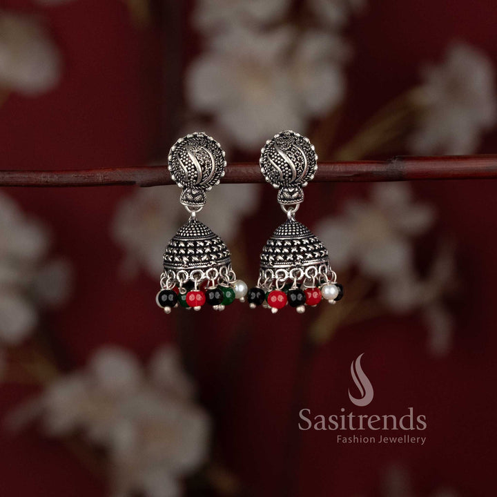 Traditional tribal style oxidised lotus stud jhumka earrings with ghungroo drops - Sasitrends