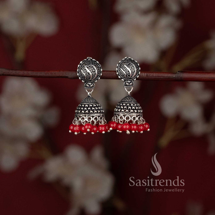 Traditional tribal style oxidised lotus stud jhumka earrings with ghungroo drops - Sasitrends