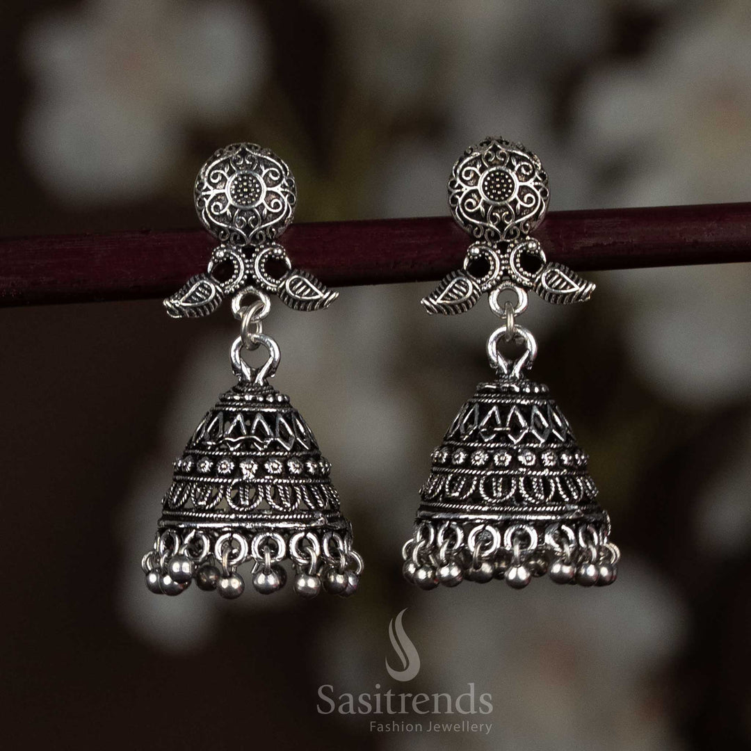 Sasitrends oxidised dome jhumka earrings with leaf stud - Sasitrends
