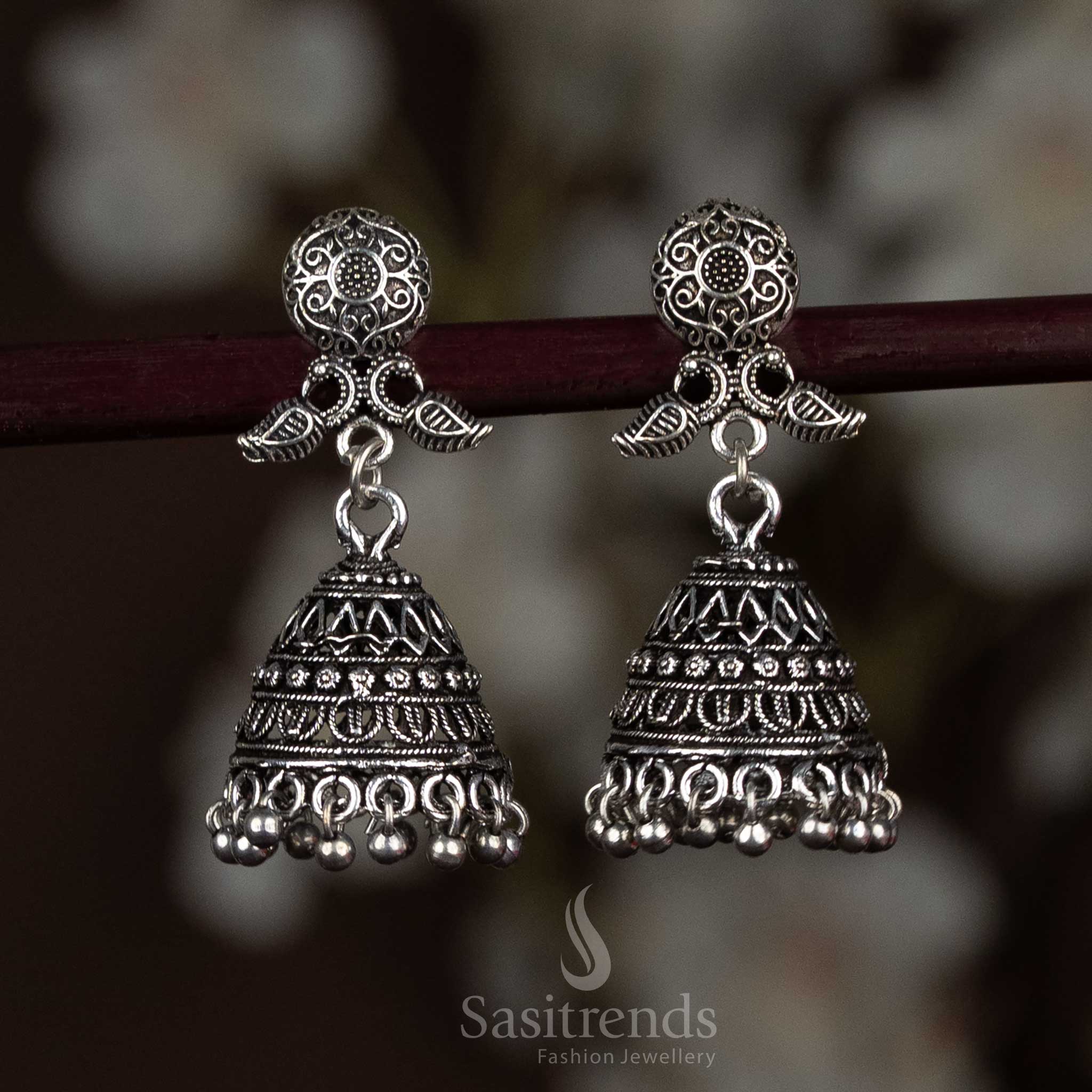 Sasitrends oxidised dome jhumka earrings with leaf stud - Sasitrends