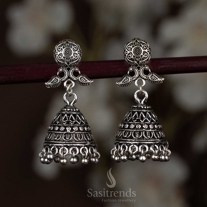 Sasitrends oxidised dome jhumka earrings with leaf stud - Sasitrends