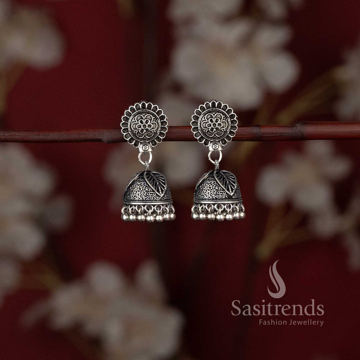 Beautiful Oxidised Silver Floral Stud Leaf Motif Jhumka Earrings for Ethnic Wear - Sasitrends