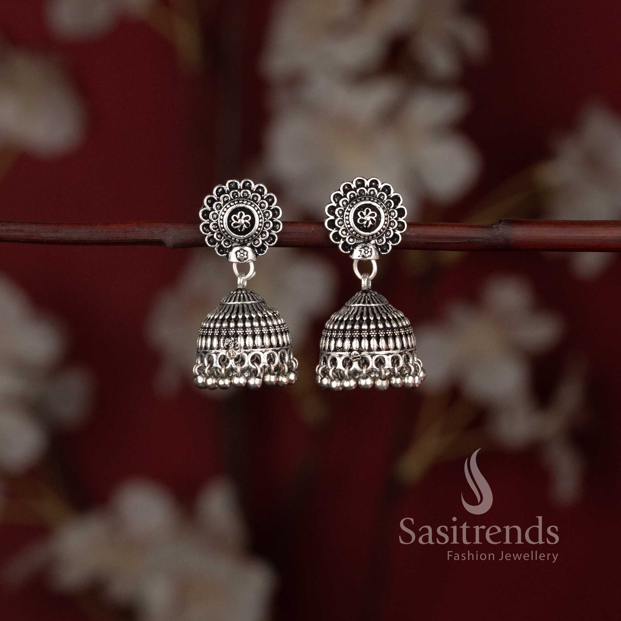 Oxidised Floral Stud Textured Dome Jhumka Earrings in Silver and Gold finish - Sasitrends