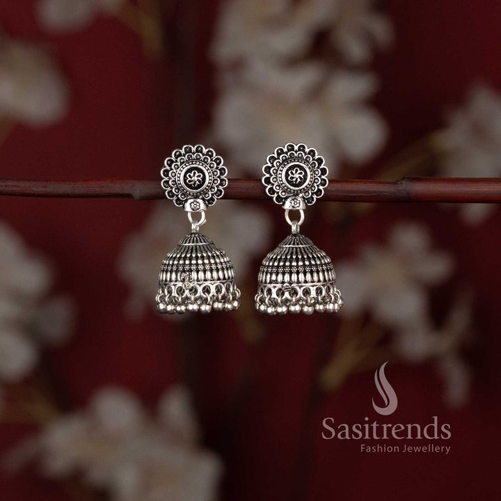 Oxidised Floral Stud Textured Dome Jhumka Earrings in Silver and Gold finish - Sasitrends