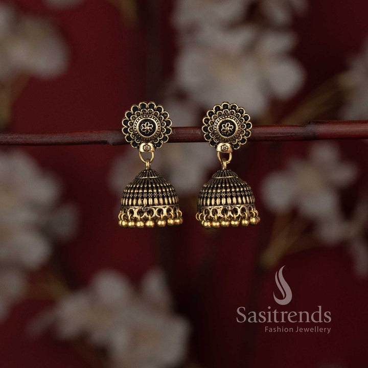 Amazing Oxidised Floral Stud Textured Dome Jhumka Earrings in Silver and Gold Tone - Sasitrends
