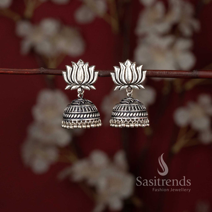 Traditional tribal style oxidised lotus stud jhumka earrings with ghungroo drops - Sasitrends