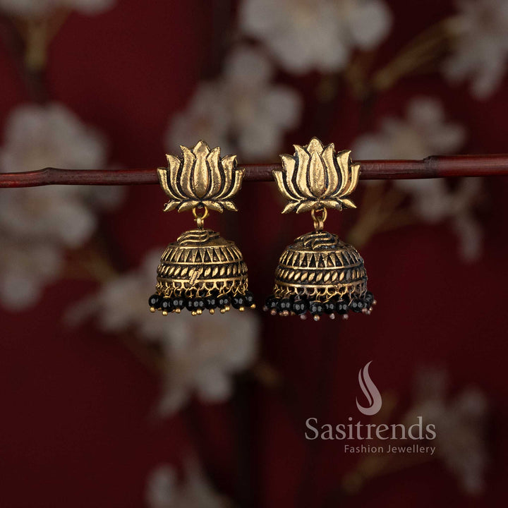 Stunning Oxidised Lotus Motif Stud Textured Dome Jhumka Earrings For Casual Wear - Sasitrends
