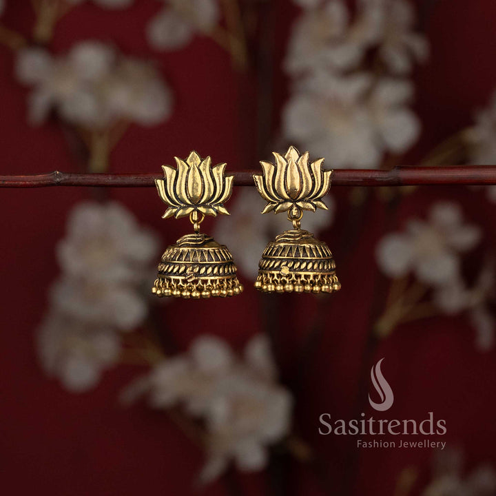 Traditional tribal style oxidised lotus stud jhumka earrings with ghungroo drops - Sasitrends