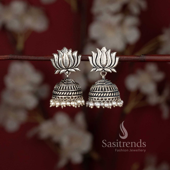 Oxidised Lotus Motif Stud Textured Dome Jhumka Earrings - Sasitrends