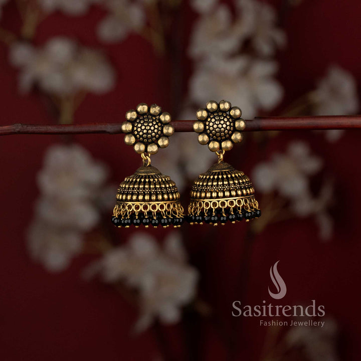 Elegant Oxidised Sunflower Stud Pearl Bead Fringe Dome Jhumka Earrings - Sasitrends