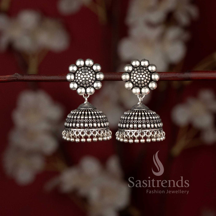 Ethnic oxidised silver pearl jhumka earrings for casual wear and kurtis - Sasitrends