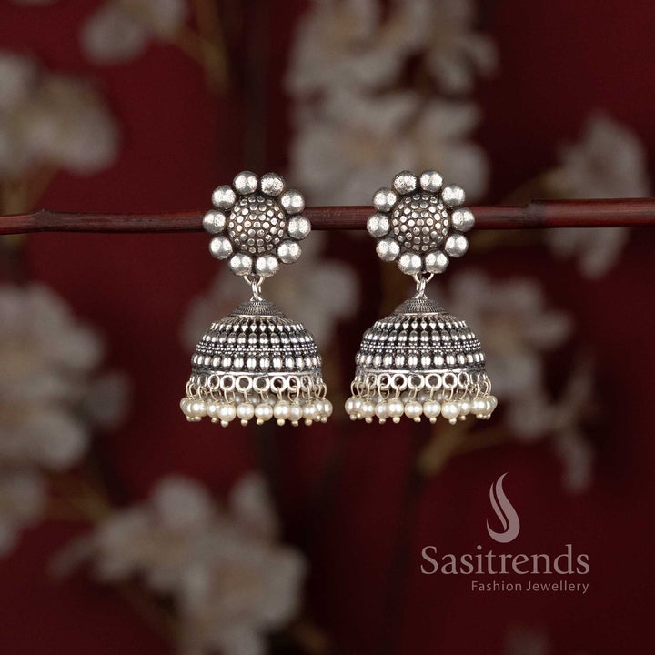 Boho ethnic oxidised silver pearl jhumka earrings for casual wear and kurtis - Sasitrends