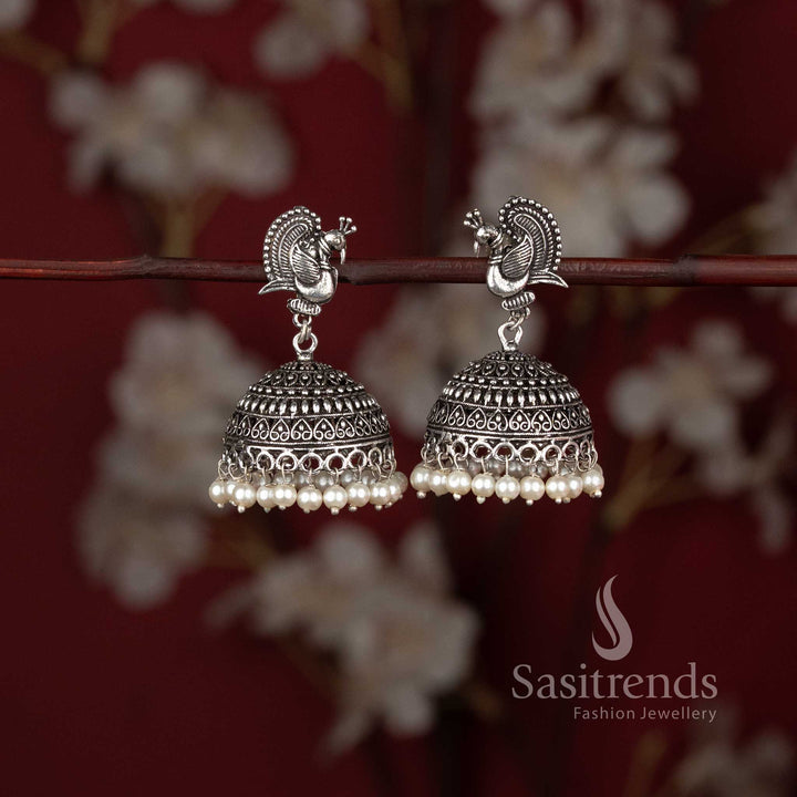 Elegant Oxidised Dancing Peacock Stud Pearl Bead Fringe Dome Jhumka Earrings - Sasitrends