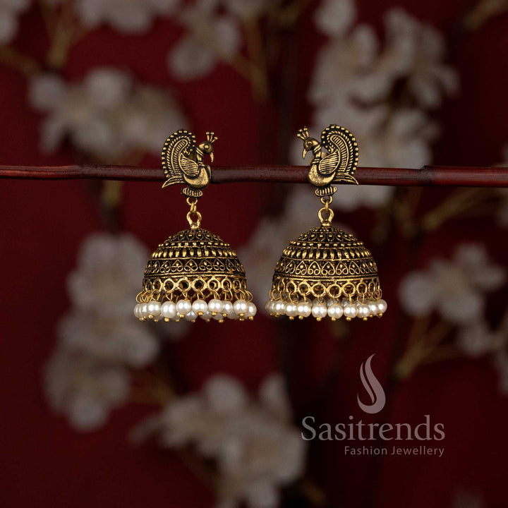 Oxidised Dancing Peacock Stud Pearl Bead Fringe Dome Jhumka Earrings - Sasitrends