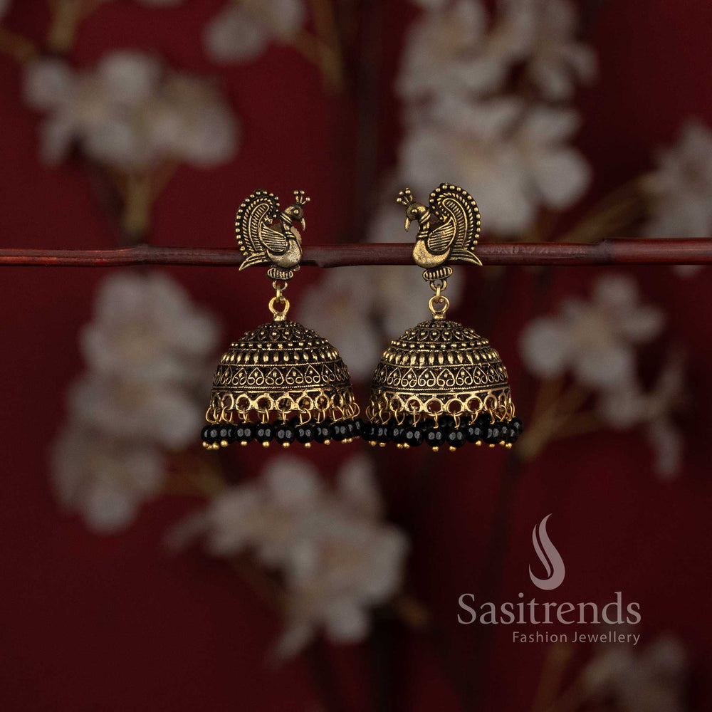 Traditional tribal style oxidised peacock stud jhumka earrings with pearl bead drops - Sasitrends
