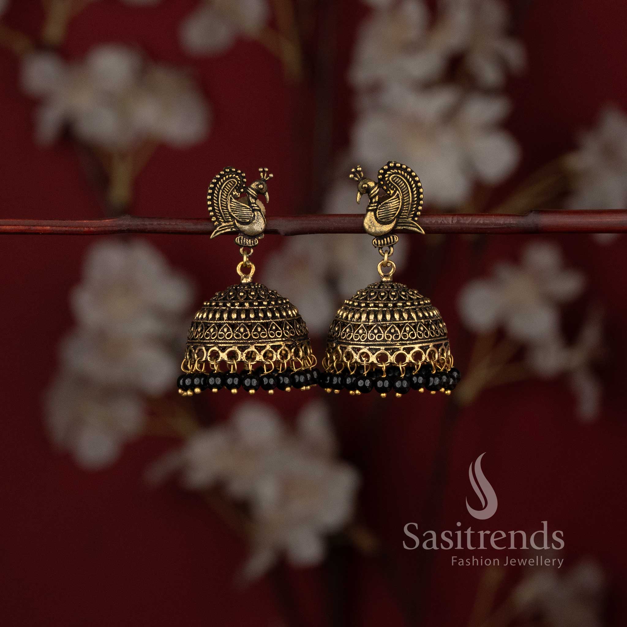 Traditional tribal style oxidised peacock stud jhumka earrings with pearl bead drops - Sasitrends