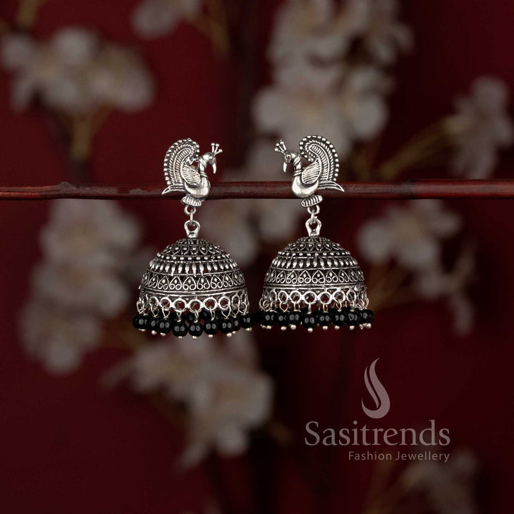 Oxidised Dancing Peacock Stud Pearl Bead Fringe Dome Jhumka Earrings - Sasitrends