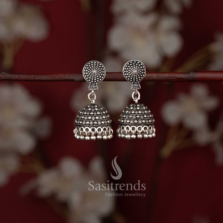 Oxidised Beaded Circular Stud Granulated Dome Jhumka Earrings For Office and Casual Wear - Sasitrends